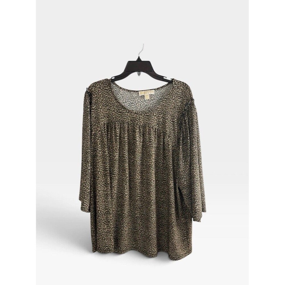 Michael Kors Womens Shirt Adult Size 3X Black Brown Animal Print 3/4 Sleeve